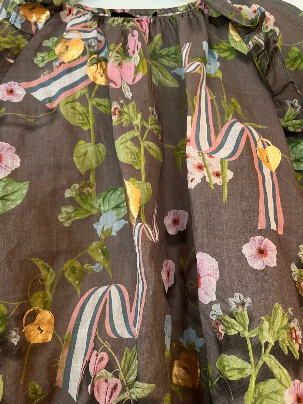 NWOT Cynthia Rowley Designer Dawn Blouse Large Floral Ruffle Gold Foil ~$345 - Picture 10 of 15